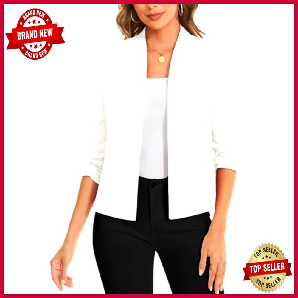 Women's Collarless Blazer Ruched 3/4 Sleeve Open Front Business Casual Jacket - Picture 6 of 6